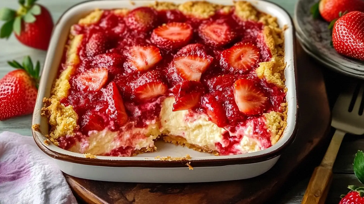 A freshly baked Strawberry Cheesecake Dump Cake with golden crust and juicy strawberries in a baking dish