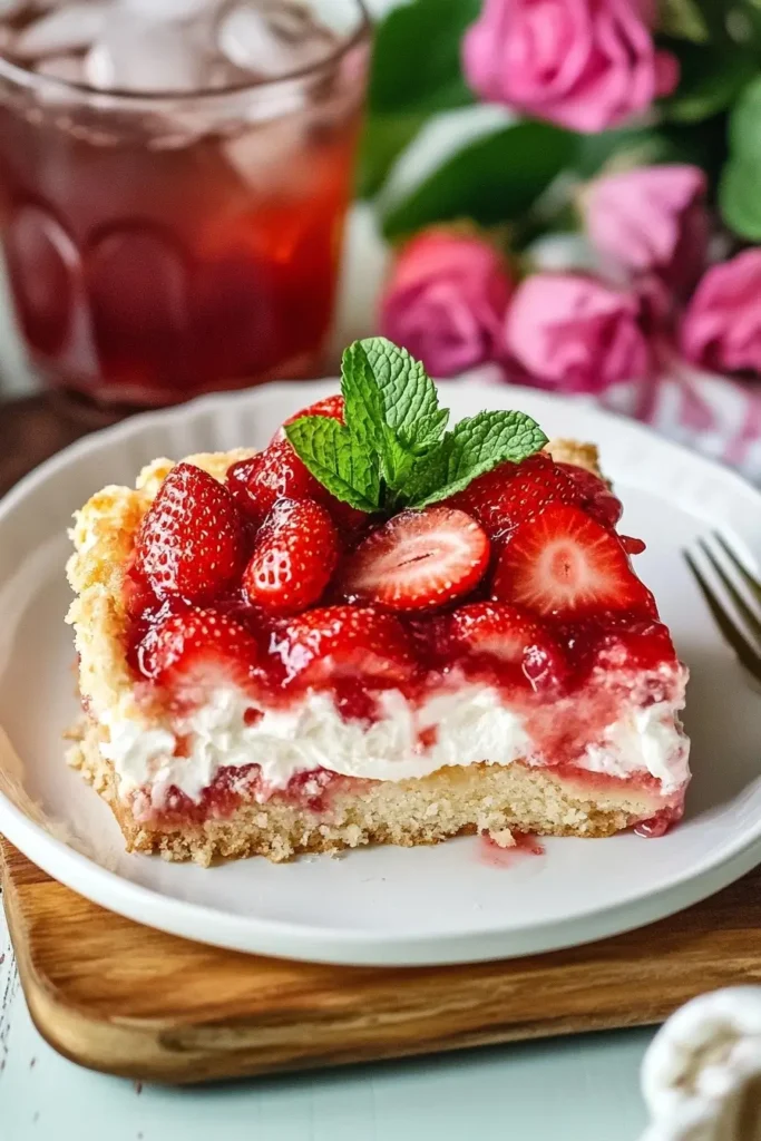 A plated slice of Strawberry Cheesecake Dump Cake topped with whipped cream and mint