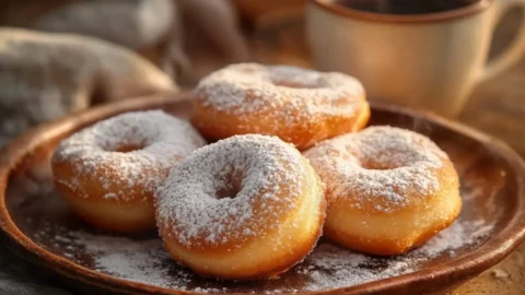 Freshly fried Vanilla French Beignets dusted with powdered sugar