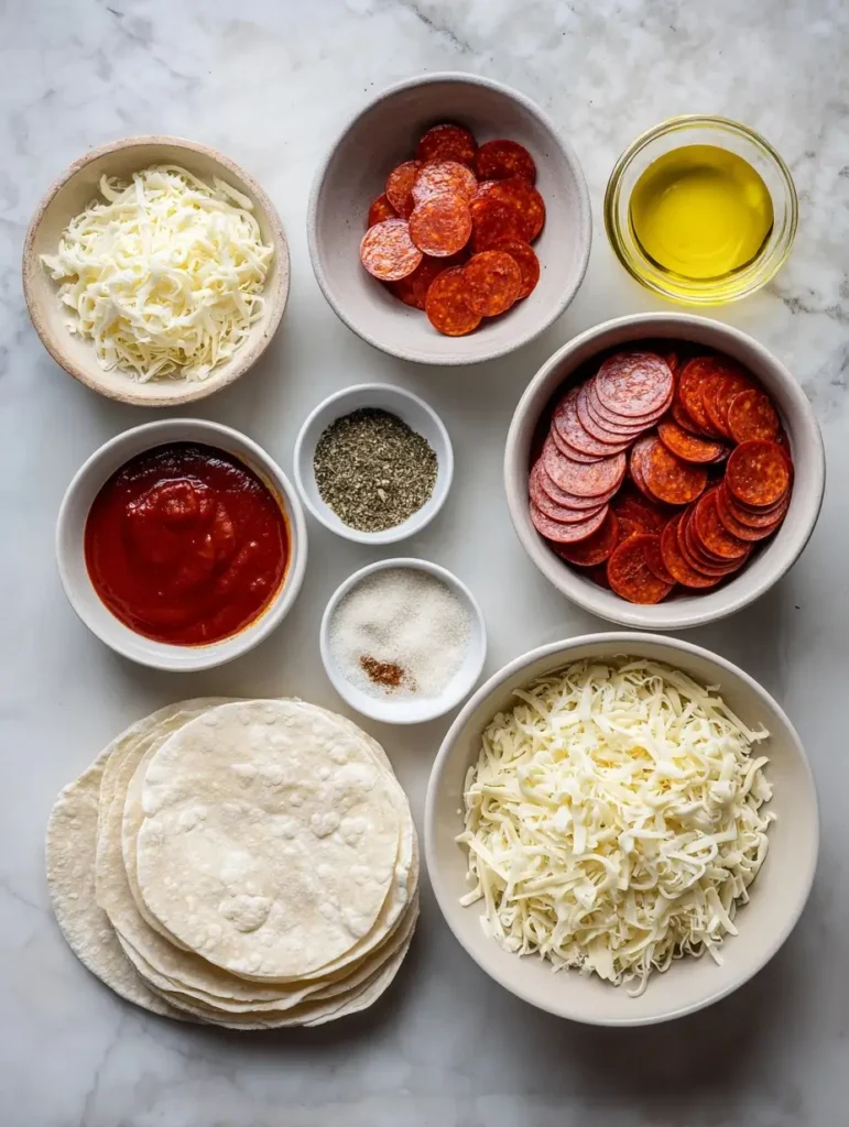 Ingredients for Crispy Pizza Chips laid out on counter