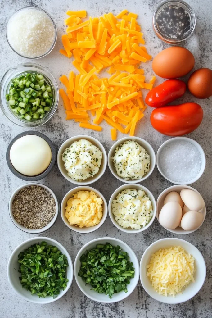 Ingredients for Egg Muffins including eggs, vegetables, cheese, and seasonings on a kitchen counter.