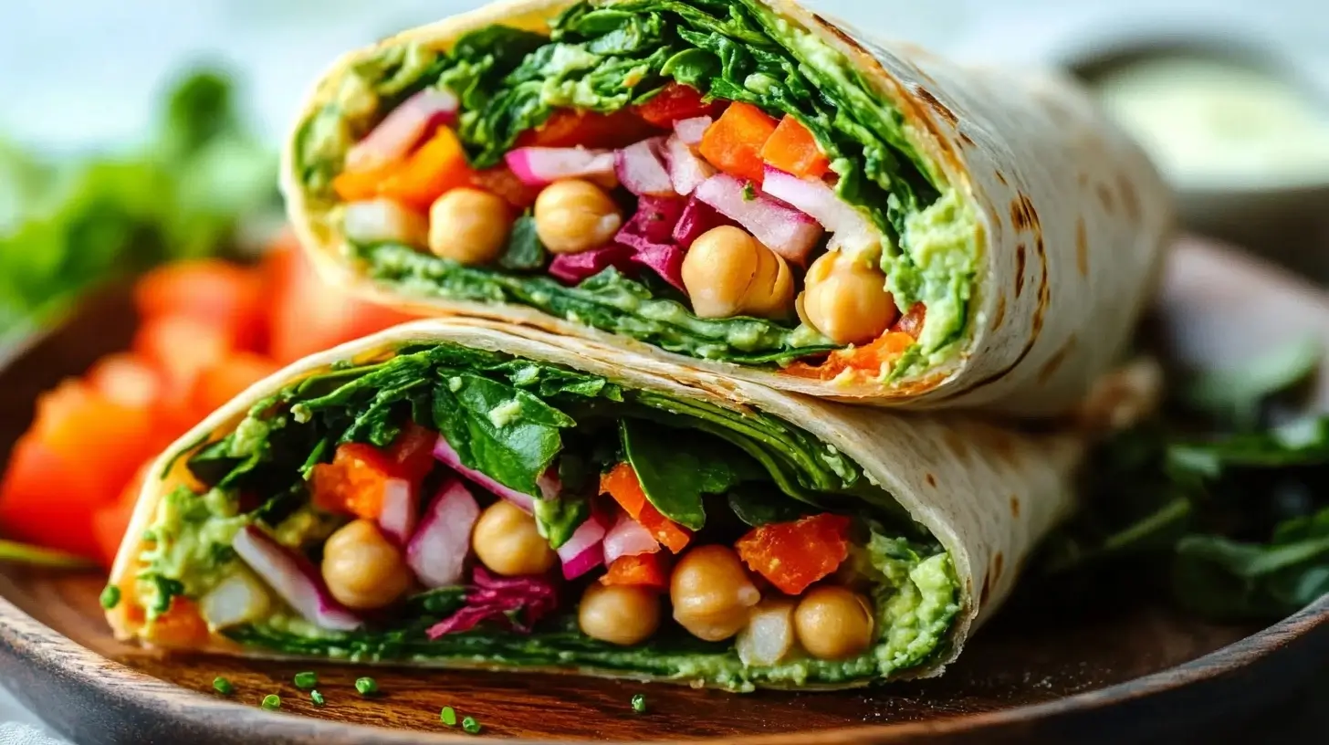 Delicious vegetarian wrap sliced and served on a plate