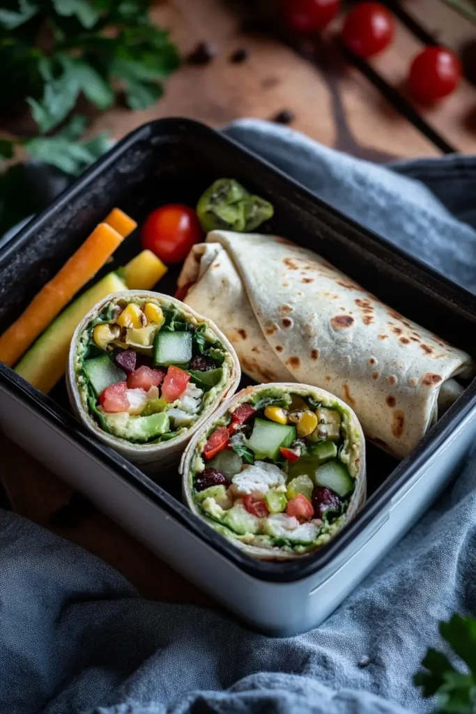 Vegetarian wrap packed in a lunchbox with fruits
