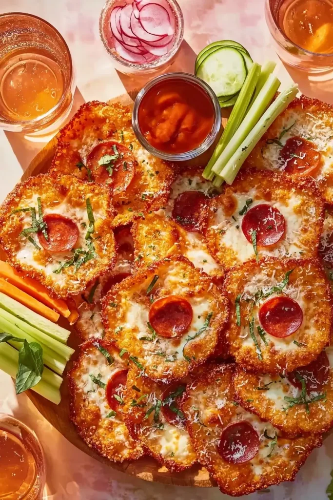 Crispy Pizza Chips served on a snack board with drinks