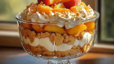 A beautifully layered Peach Cobbler Trifle in a glass bowl