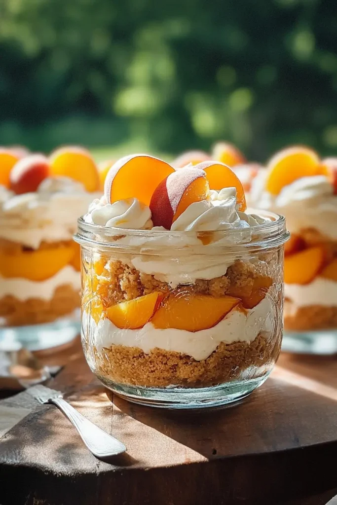 Mason jar servings of Peach Cobbler Trifle with fresh peaches