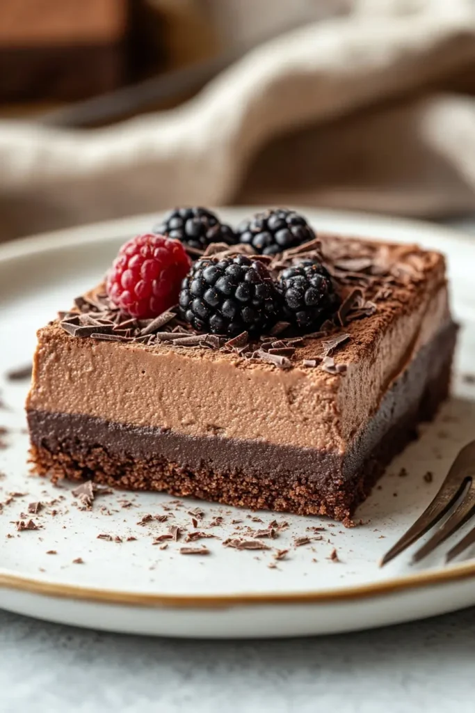Chocolate Mousse Brownie slice served with berries