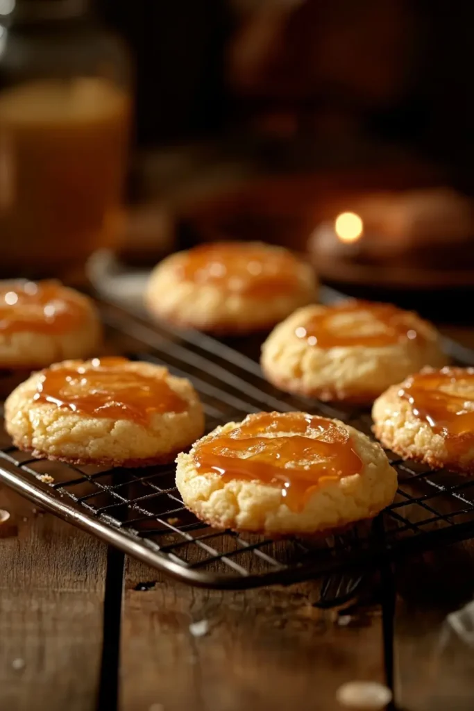 Caramel Cheesecake Cookies cooling on a rack with caramel drizzle on top.