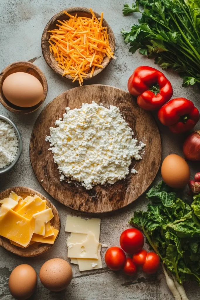 Fresh ingredients for cottage cheese and veggie bake, including cottage cheese, assorted veggies, and cheese.