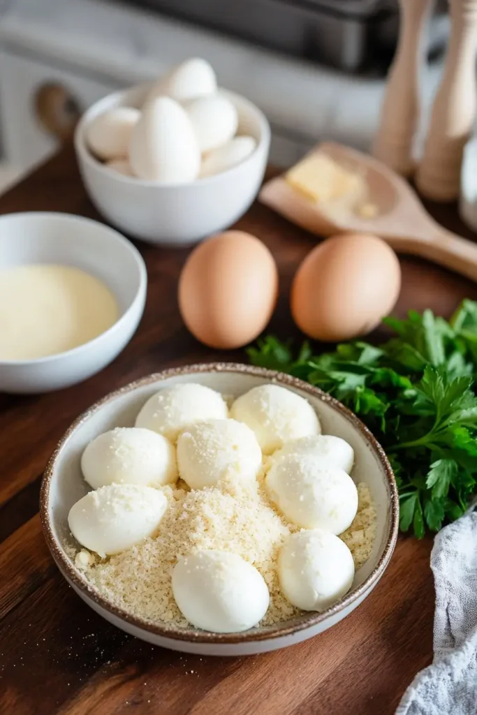 Key ingredients for making Cheesy Parmesan Mozzarella Bites: fresh mozzarella, Parmesan, breadcrumbs, and more.