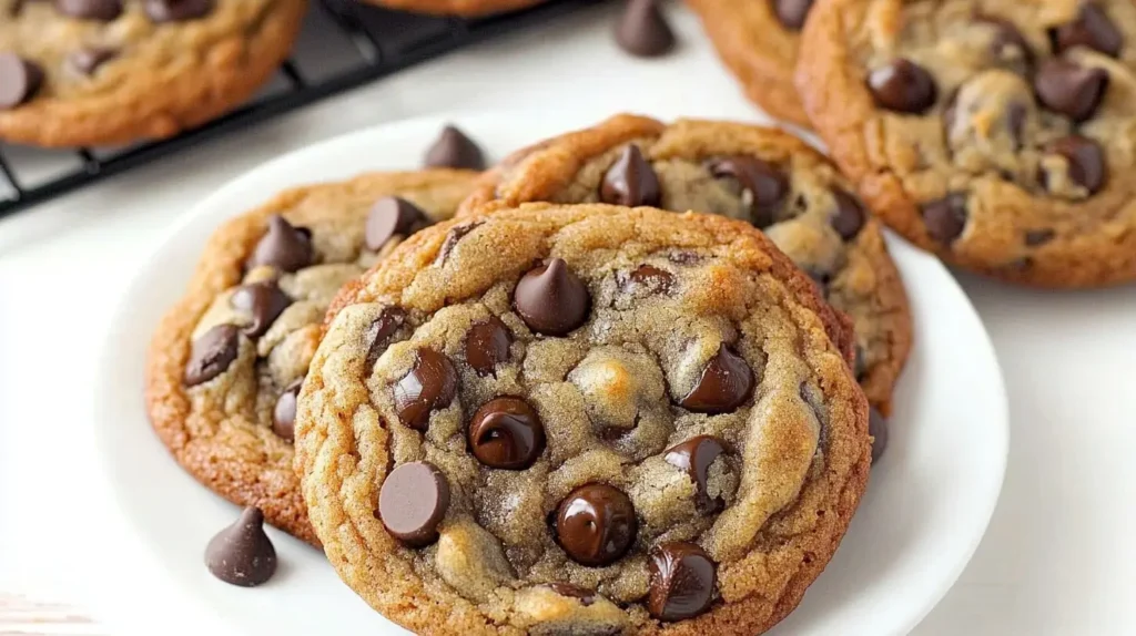 Greek Yogurt Chocolate Chip Cookies on a wooden table, looking delicious and soft.