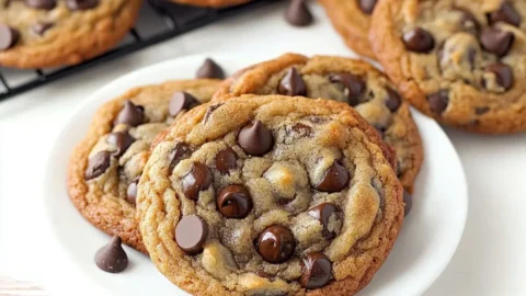 Greek Yogurt Chocolate Chip Cookies on a wooden table, looking delicious and soft.