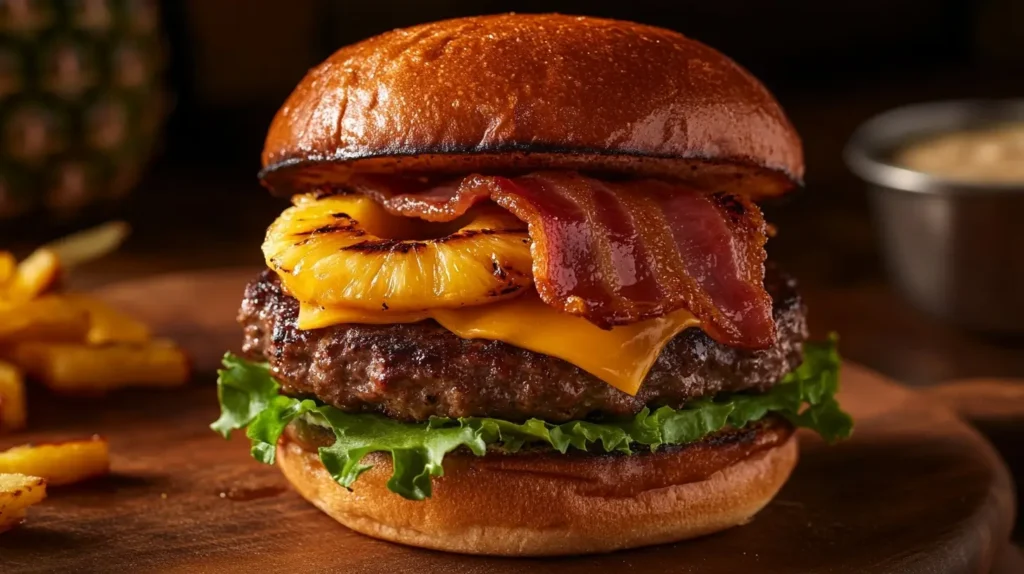 Juicy Pineapple Bacon Burger on a brioche bun with melted cheese