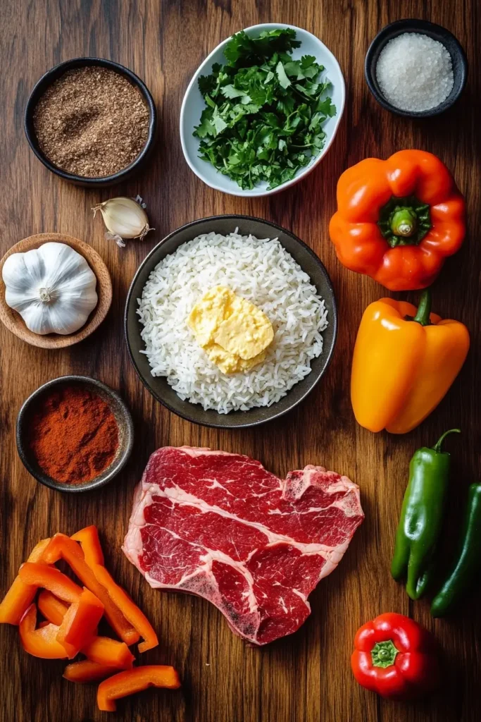 Raw ingredients for Steak & Queso Rice