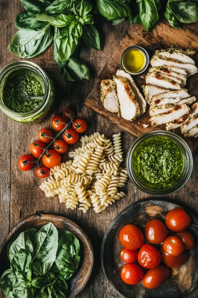 Flat lay of ingredients for Chicken Pesto Pasta Salad