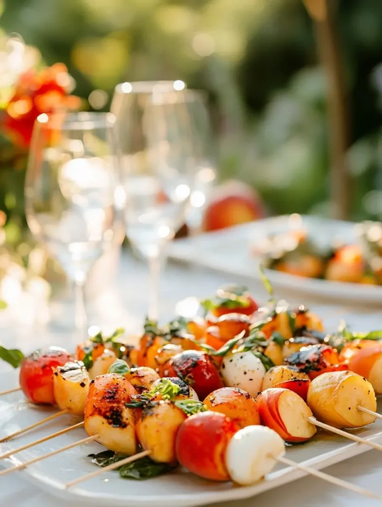 Peach Caprese Skewers served on a party platter in a summer garden setting