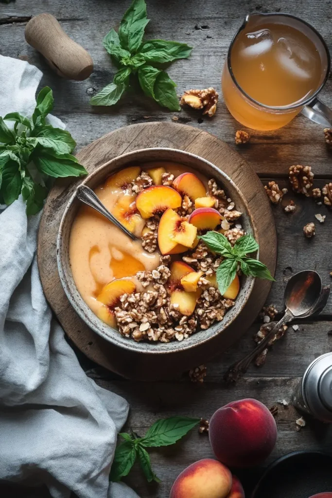 Peach Cobbler Smoothie Bowl at a summer brunch table