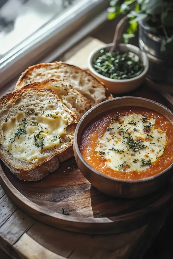 Sliced Cheese Bread with tomato soup
