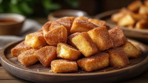 Close-up of crispy Air Fryer Churro Bites coated in cinnamon sugar