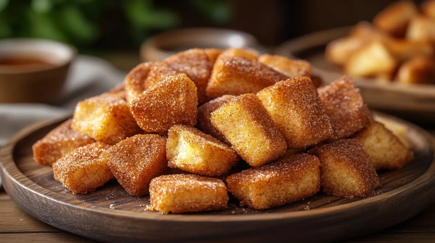 Close-up of crispy Air Fryer Churro Bites coated in cinnamon sugar