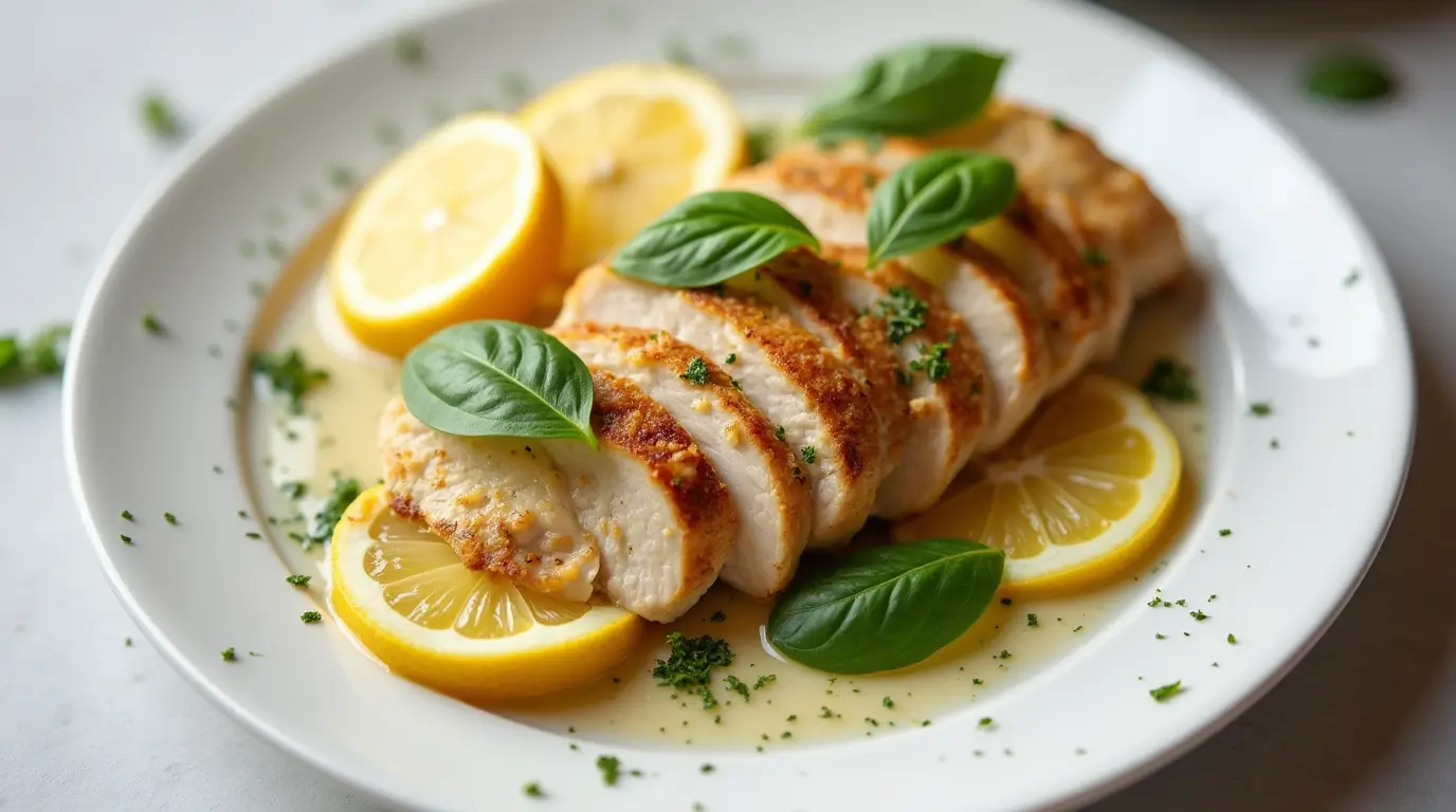 Homemade Lemon Chicken Basil with fresh herbs and citrus slices