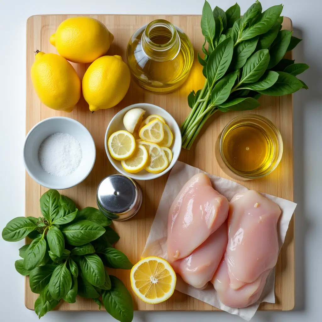 Fresh ingredients for Lemon Chicken Basil recipe laid out on wooden surface