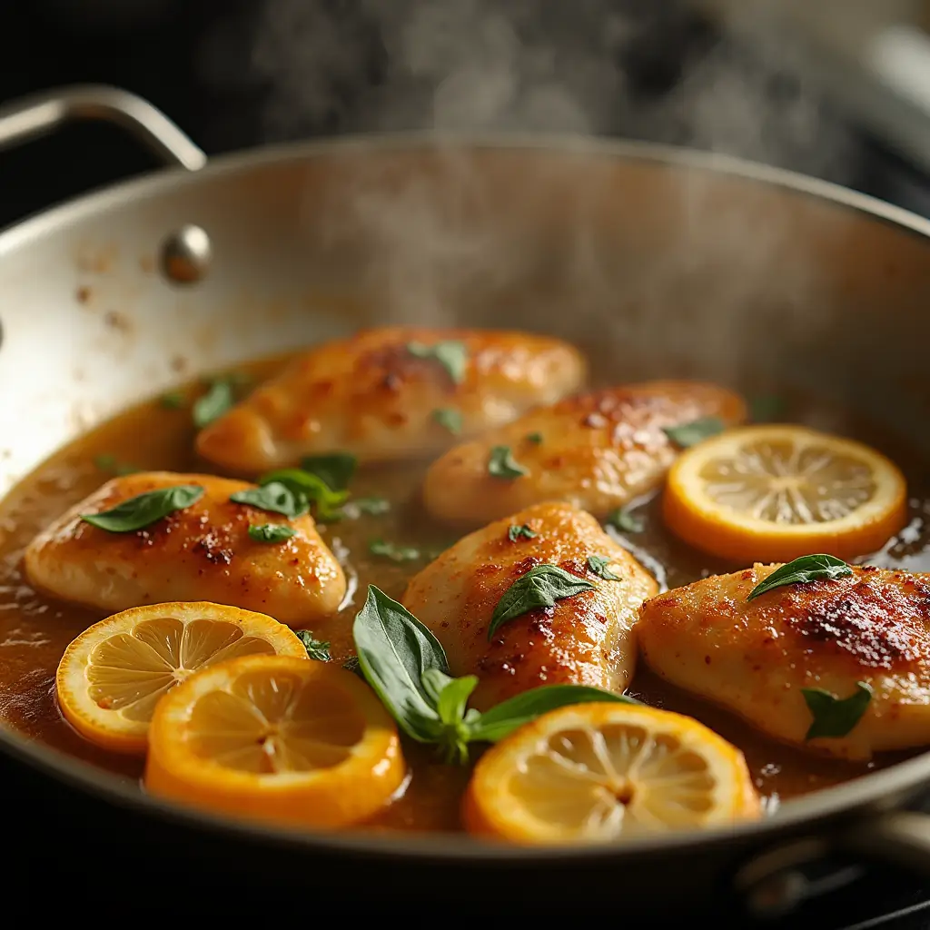 Searing Lemon Chicken Basil in a pan with herbs and citrus
