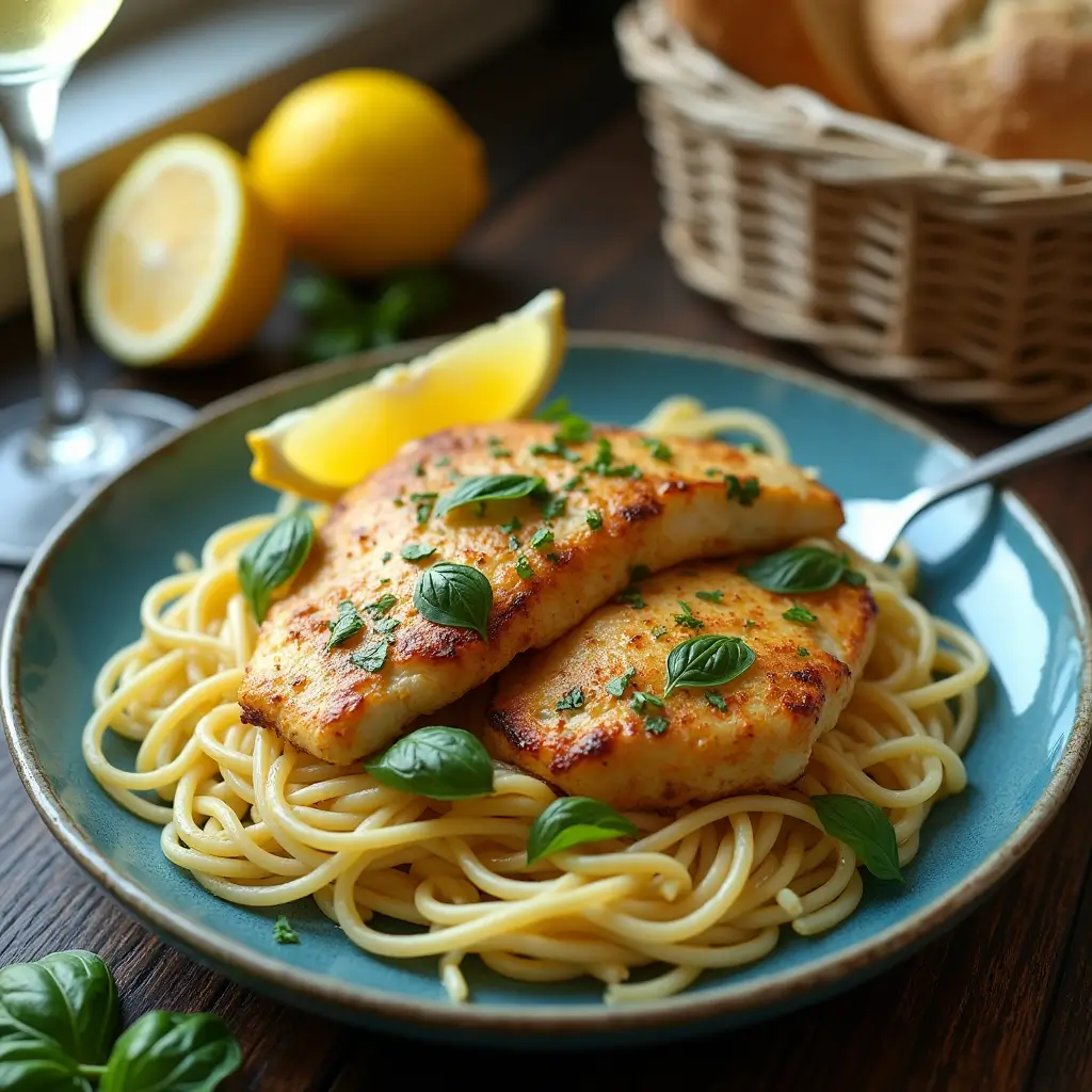 Lemon Chicken Basil served with pasta and garnished with fresh herbs